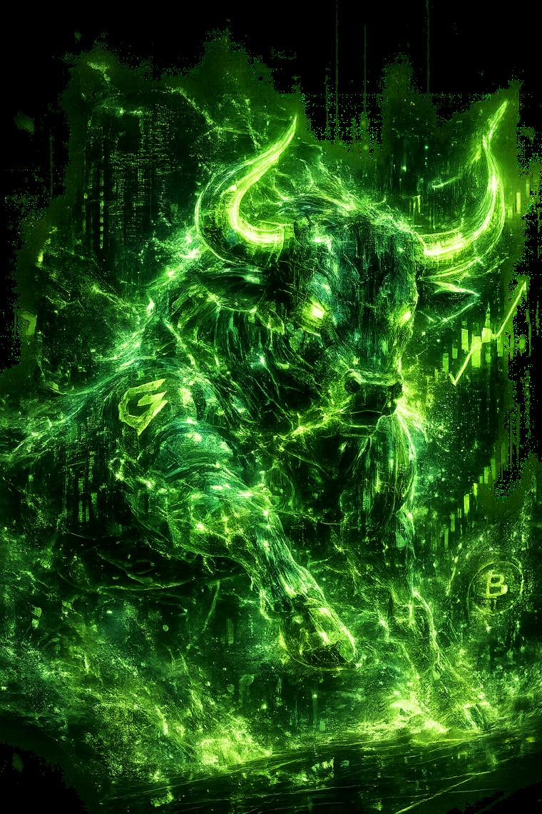 GIGA CHAD — a bull of green energy rising from a digital city